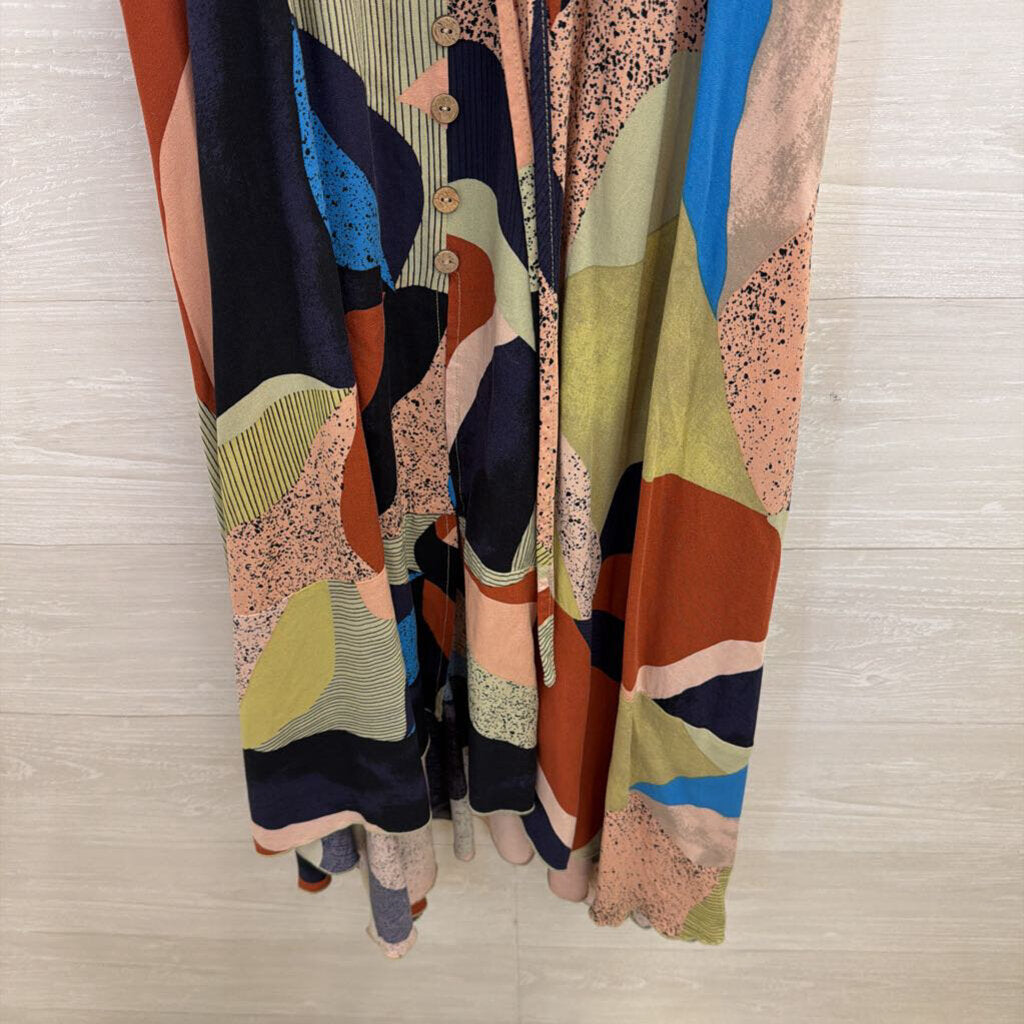 Green/ Multi Print Button Front Midi Dress Medium