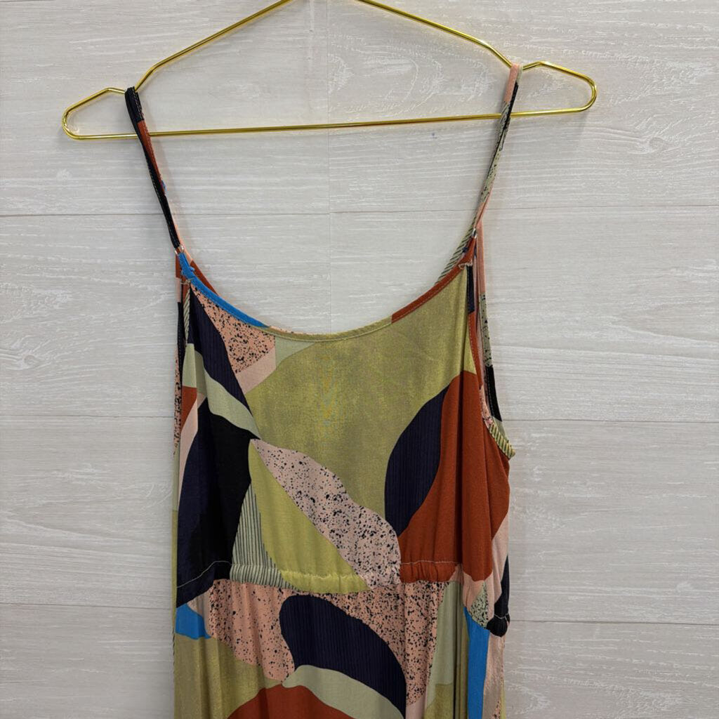 Green/ Multi Print Button Front Midi Dress Medium