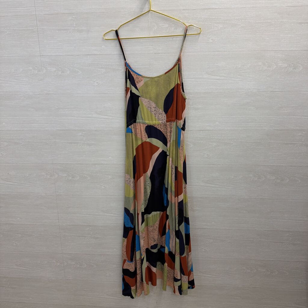 Green/ Multi Print Button Front Midi Dress Medium