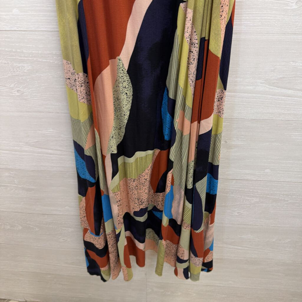 Green/ Multi Print Button Front Midi Dress Medium