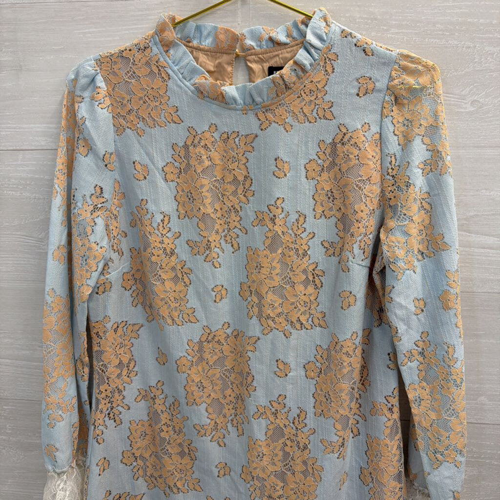 Blue/ Beige Lace Long Sleeve Dress Medium
