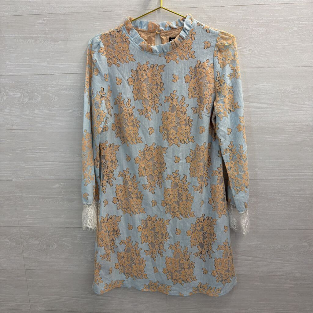 Blue/ Beige Lace Long Sleeve Dress Medium