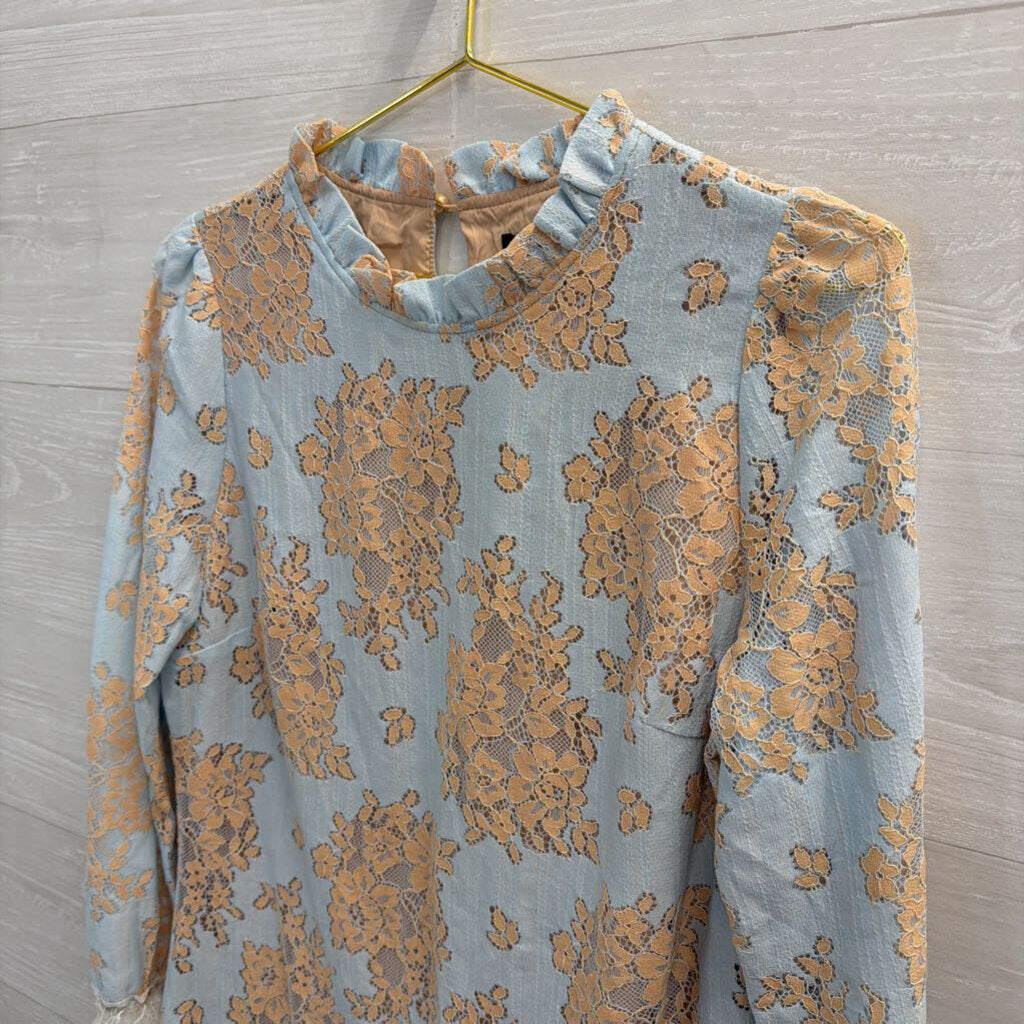 Blue/ Beige Lace Long Sleeve Dress Medium