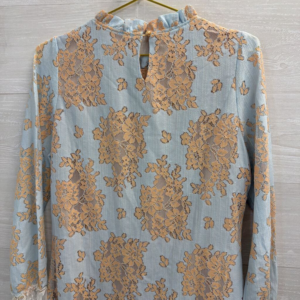 Blue/ Beige Lace Long Sleeve Dress Medium