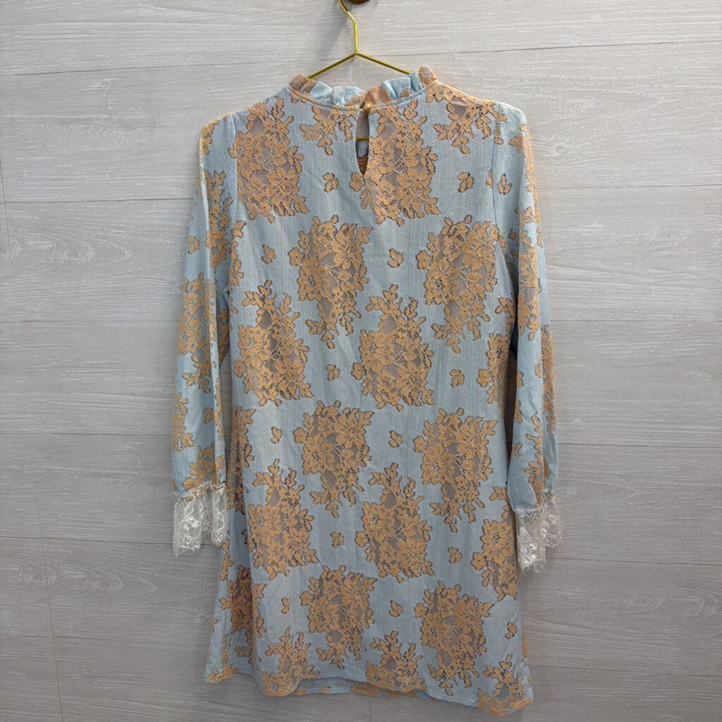 Blue/ Beige Lace Long Sleeve Dress Medium