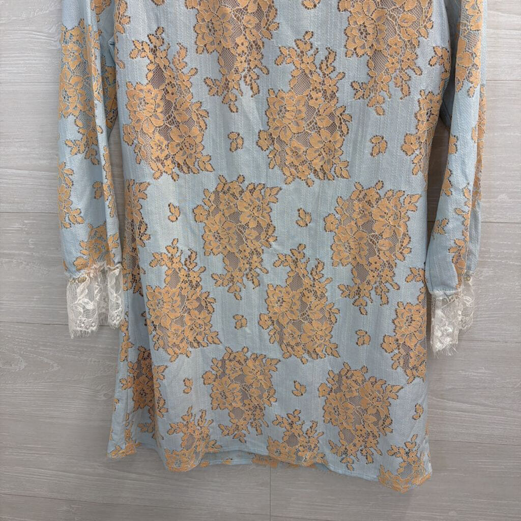 Blue/ Beige Lace Long Sleeve Dress Medium
