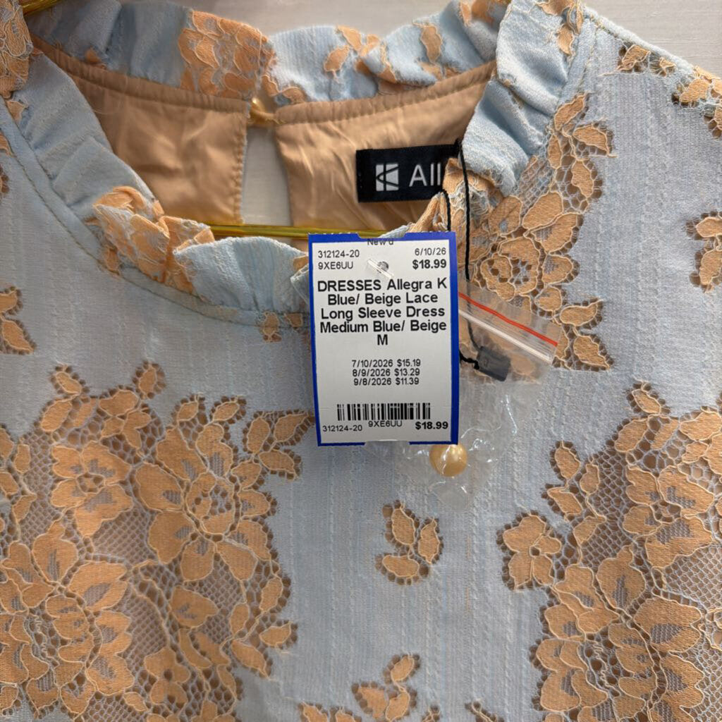 Blue/ Beige Lace Long Sleeve Dress Medium