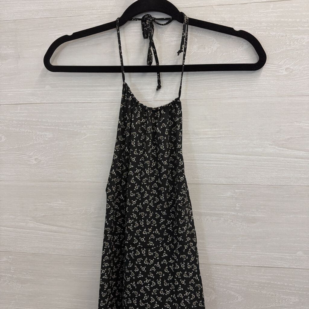Lily Rose Black Print Halter Neck Tie Back Midi Dress Small
