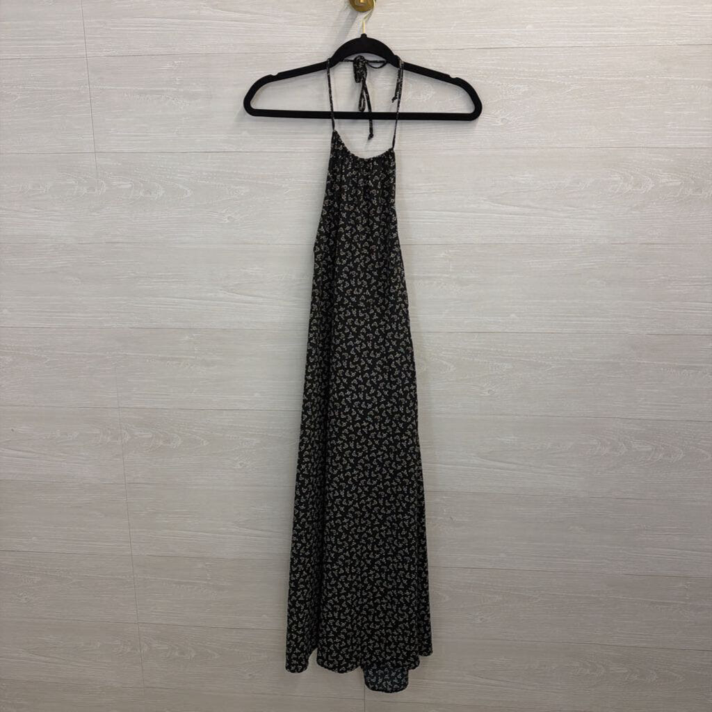 Lily Rose Black Print Halter Neck Tie Back Midi Dress Small