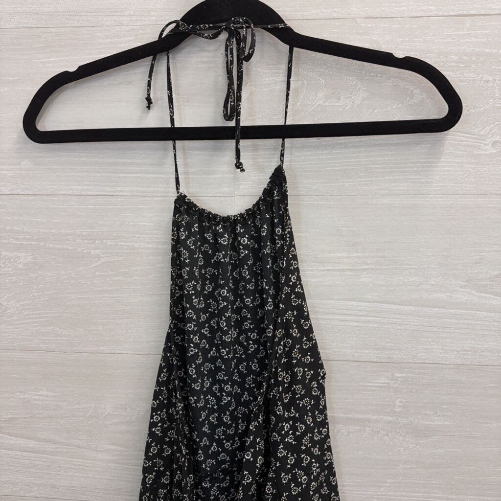 Lily Rose Black Print Halter Neck Tie Back Midi Dress Small