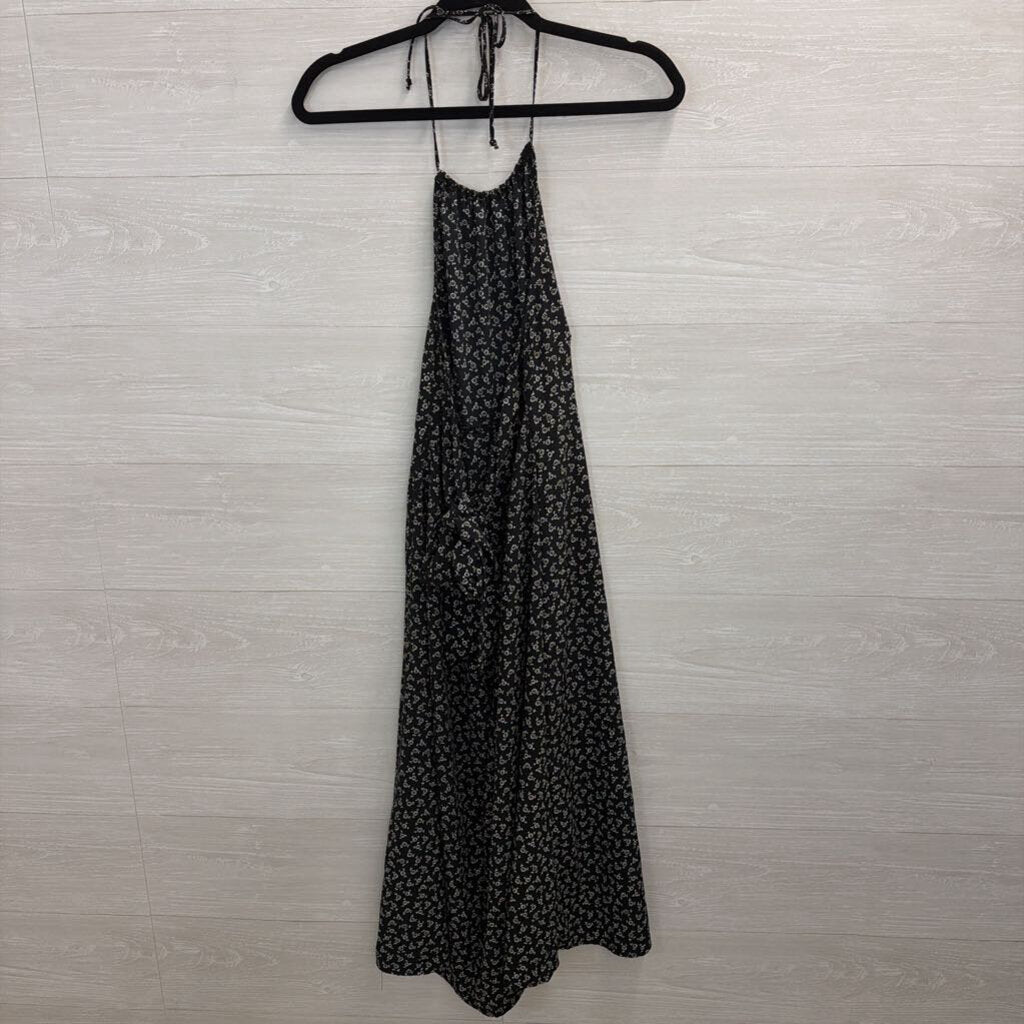 Lily Rose Black Print Halter Neck Tie Back Midi Dress Small