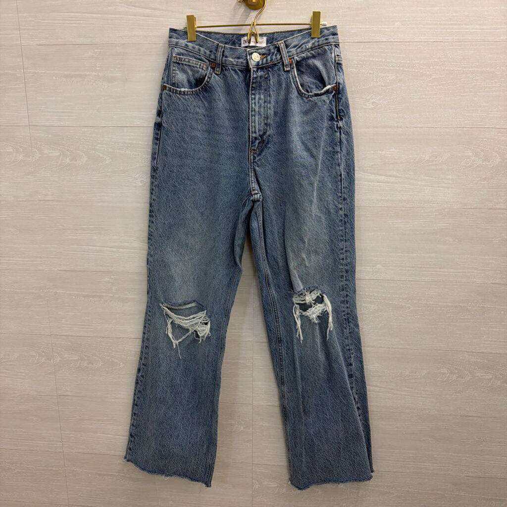 Zara Medium Wash Wide Leg Distressed Jeans 8