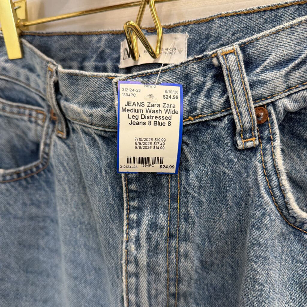 Zara Medium Wash Wide Leg Distressed Jeans 8