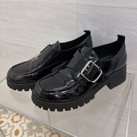Marc Fisher Black Patent Leather Hazelton Lug Sole Loafers 8