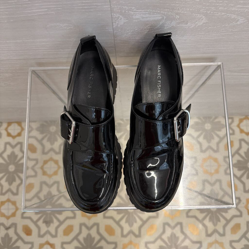 Marc Fisher Black Patent Leather Hazelton Lug Sole Loafers 8