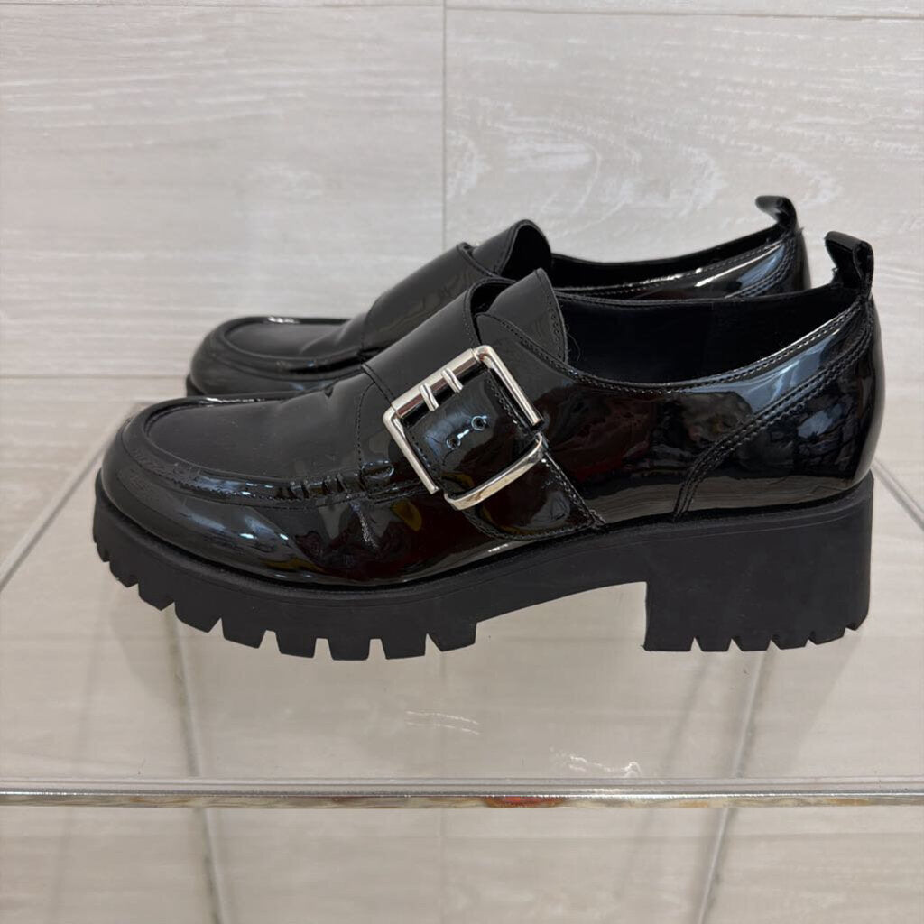 Marc Fisher Black Patent Leather Hazelton Lug Sole Loafers 8