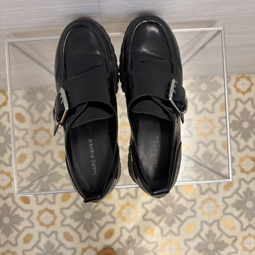 Marc Fisher Black Patent Leather Hazelton Lug Sole Loafers 8