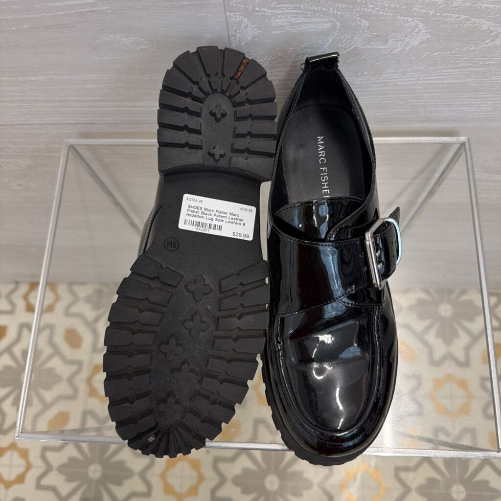 Marc Fisher Black Patent Leather Hazelton Lug Sole Loafers 8