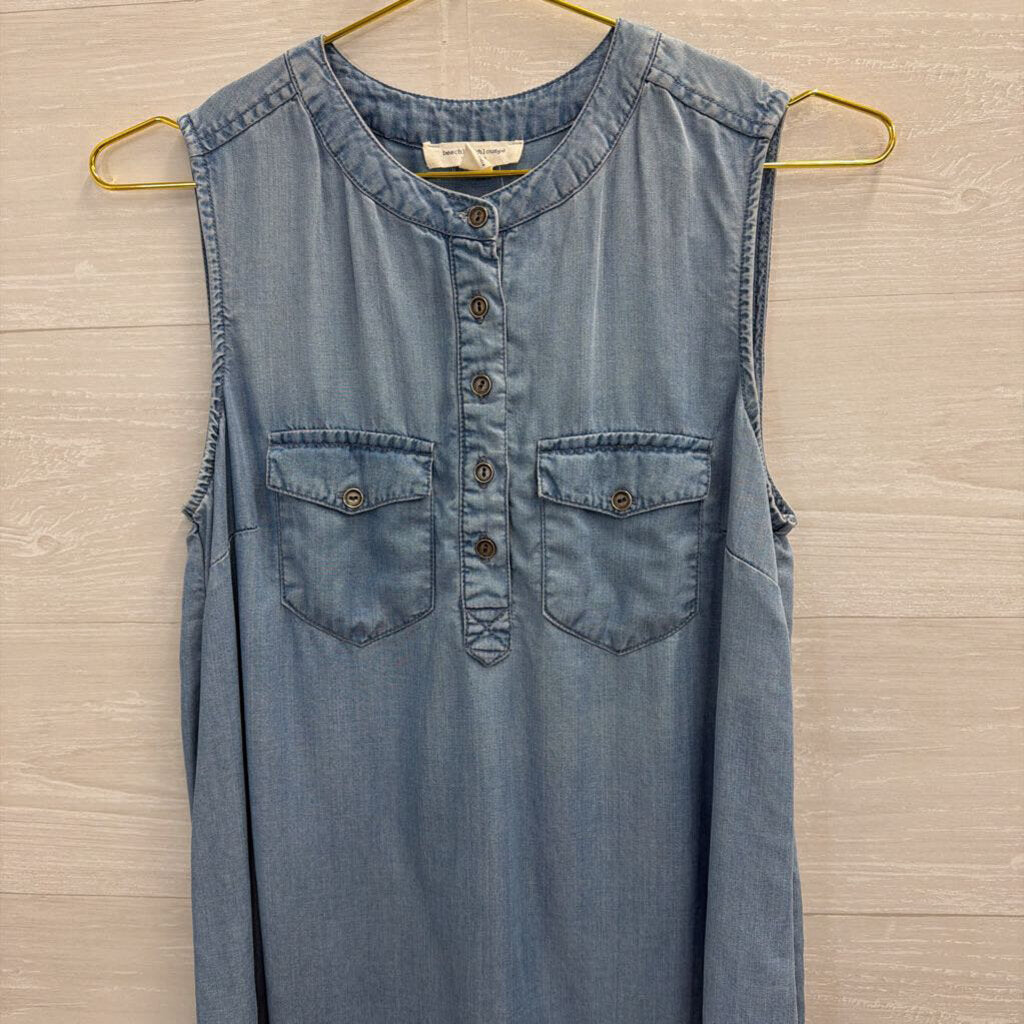 Blue Chambray Frayed Hem Sleeveless Dress Small