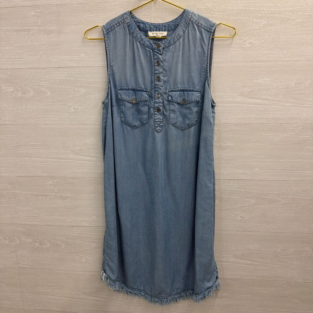 Blue Chambray Frayed Hem Sleeveless Dress Small