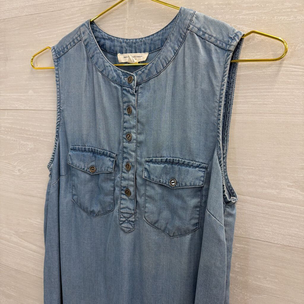 Blue Chambray Frayed Hem Sleeveless Dress Small