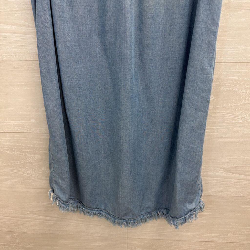 Blue Chambray Frayed Hem Sleeveless Dress Small