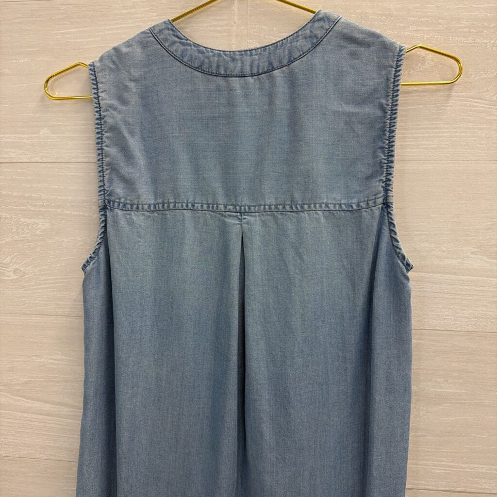 Blue Chambray Frayed Hem Sleeveless Dress Small