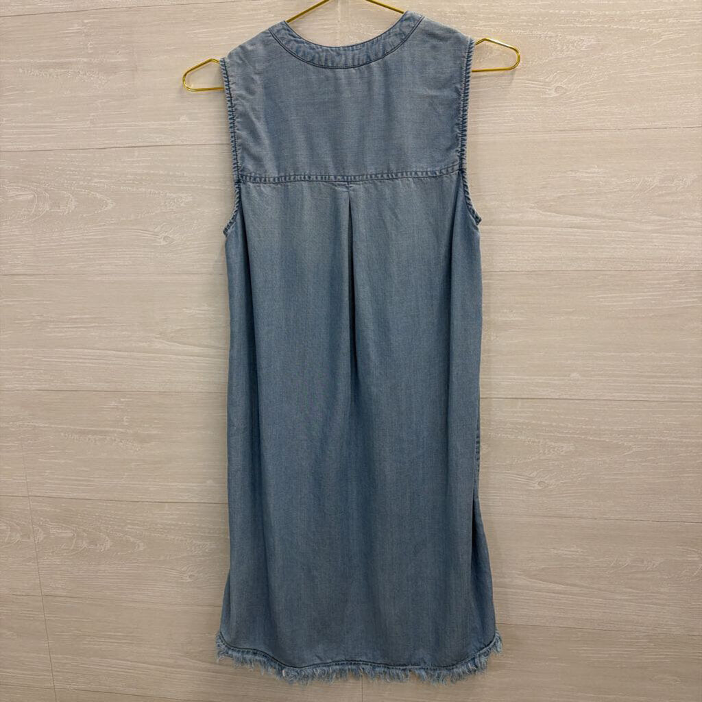 Blue Chambray Frayed Hem Sleeveless Dress Small