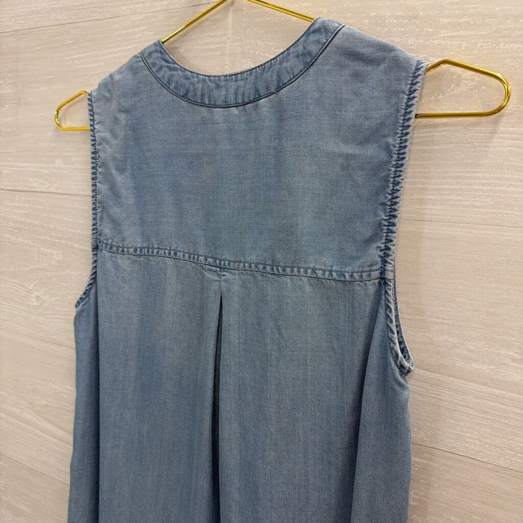 Blue Chambray Frayed Hem Sleeveless Dress Small