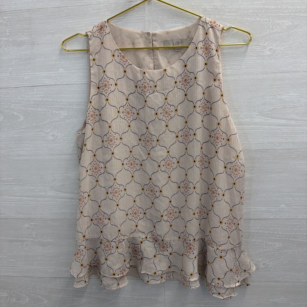 Loft White/ Multi Print Ruffle Hem Tank Top Medium