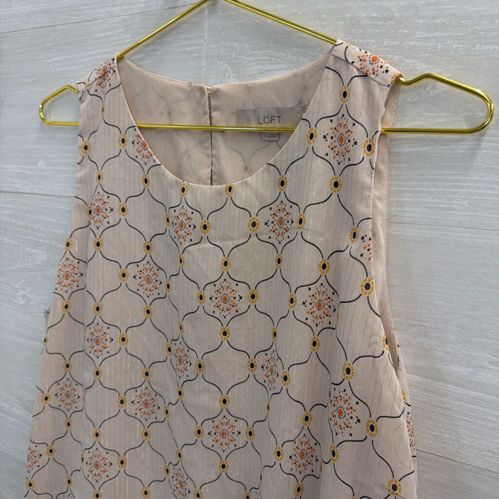 Loft White/ Multi Print Ruffle Hem Tank Top Medium