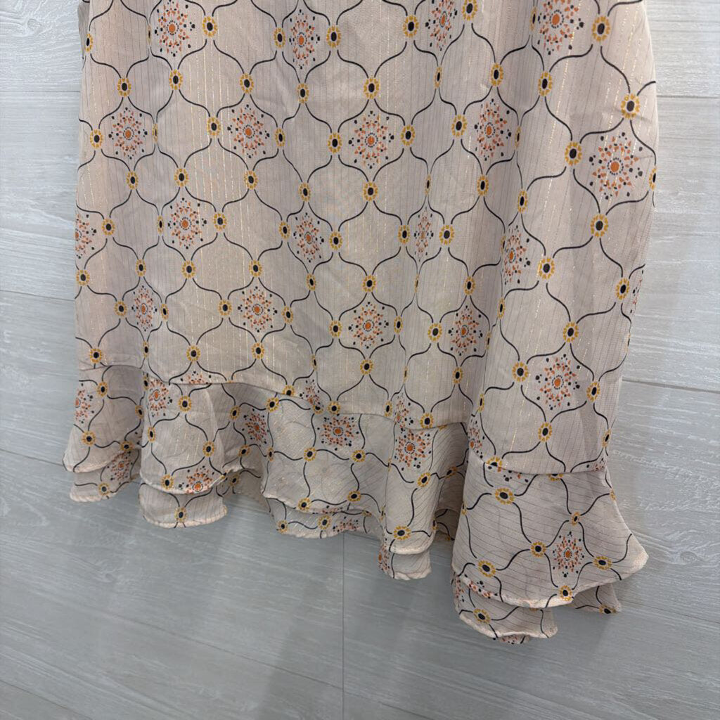 Loft White/ Multi Print Ruffle Hem Tank Top Medium
