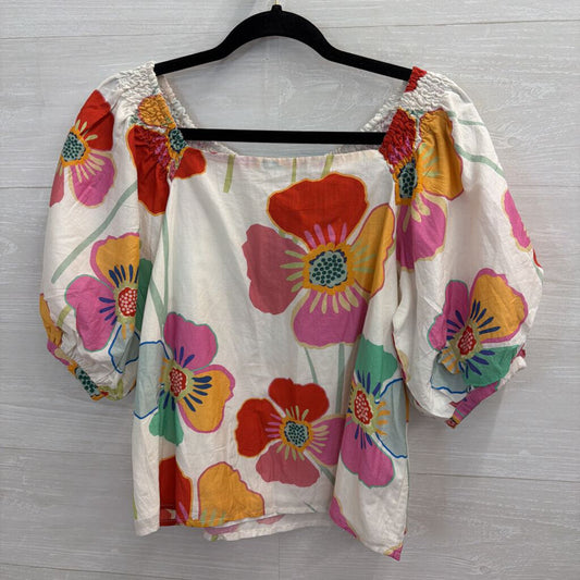 Velvet White/ Multi Bright Floral Print Short Puff Sleeve Top Extra Small