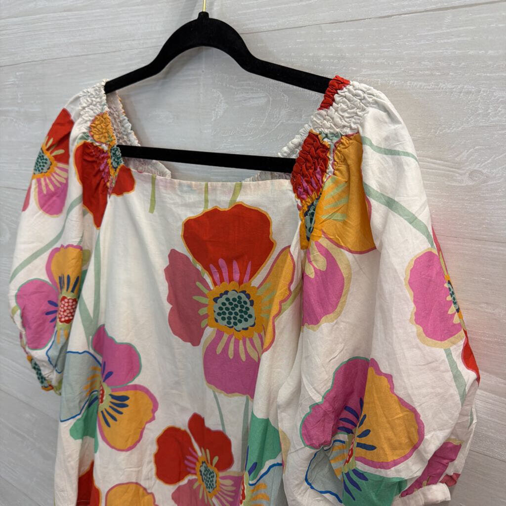 Velvet White/ Multi Bright Floral Print Short Puff Sleeve Top Extra Small
