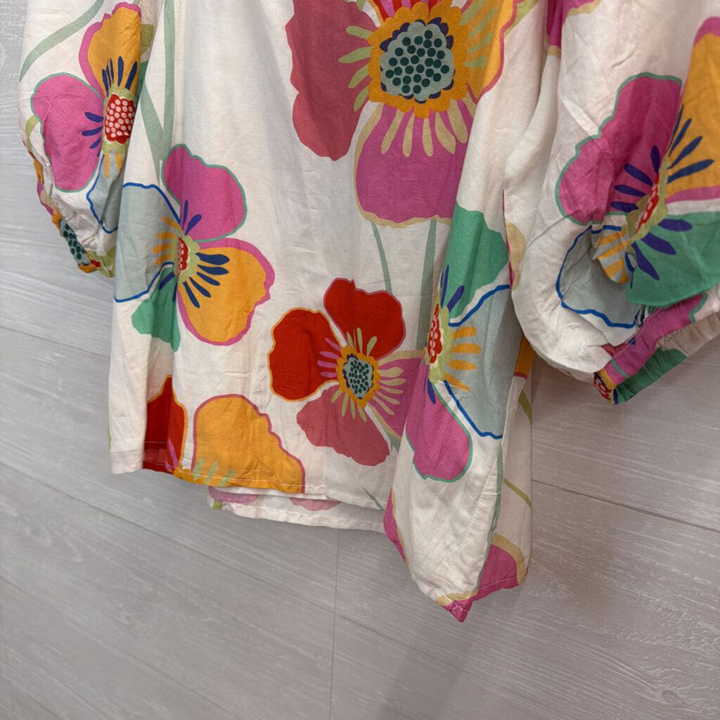 Velvet White/ Multi Bright Floral Print Short Puff Sleeve Top Extra Small