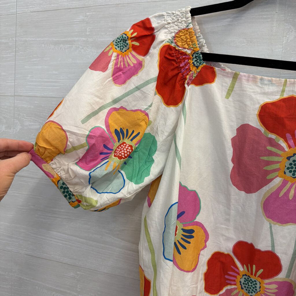 Velvet White/ Multi Bright Floral Print Short Puff Sleeve Top Extra Small