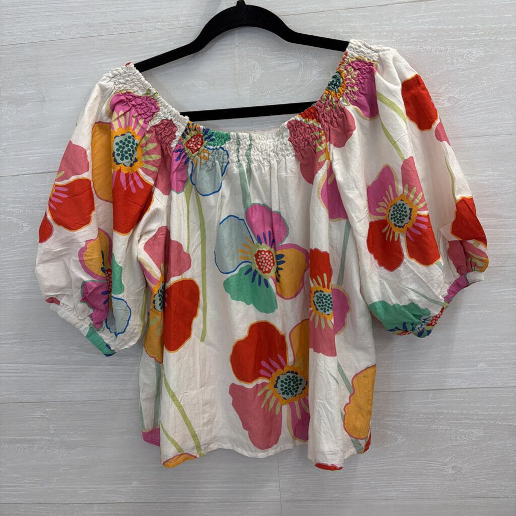 Velvet White/ Multi Bright Floral Print Short Puff Sleeve Top Extra Small