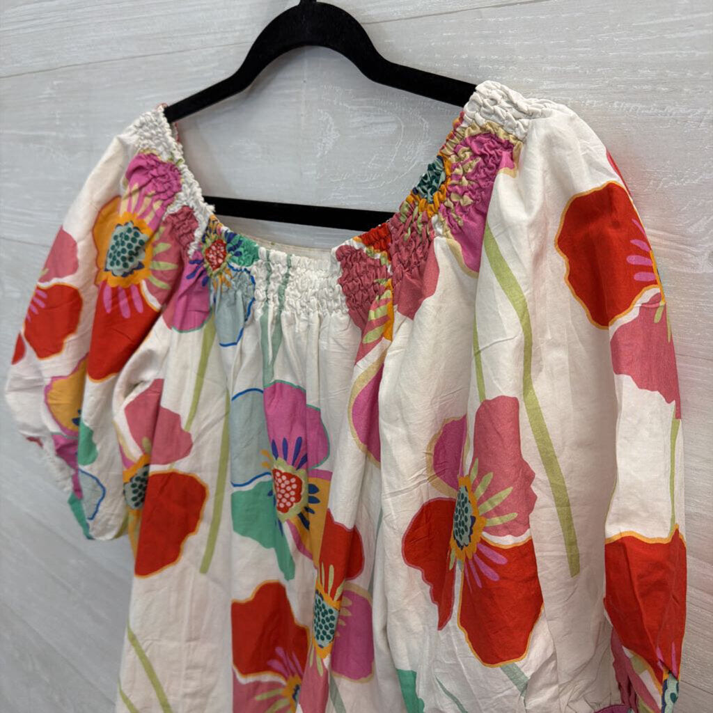 Velvet White/ Multi Bright Floral Print Short Puff Sleeve Top Extra Small