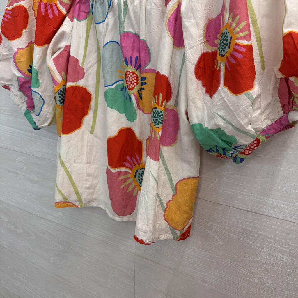Velvet White/ Multi Bright Floral Print Short Puff Sleeve Top Extra Small