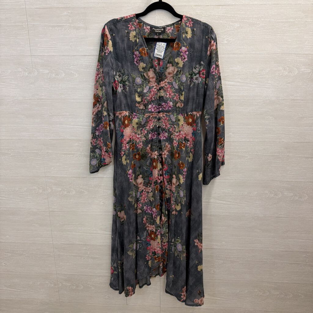 Feathers by Tolani Grey/ Multi Floral Print Long Sleeve Button Front Midi Dress Small