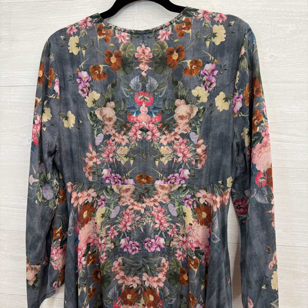 Feathers by Tolani Grey/ Multi Floral Print Long Sleeve Button Front Midi Dress Small