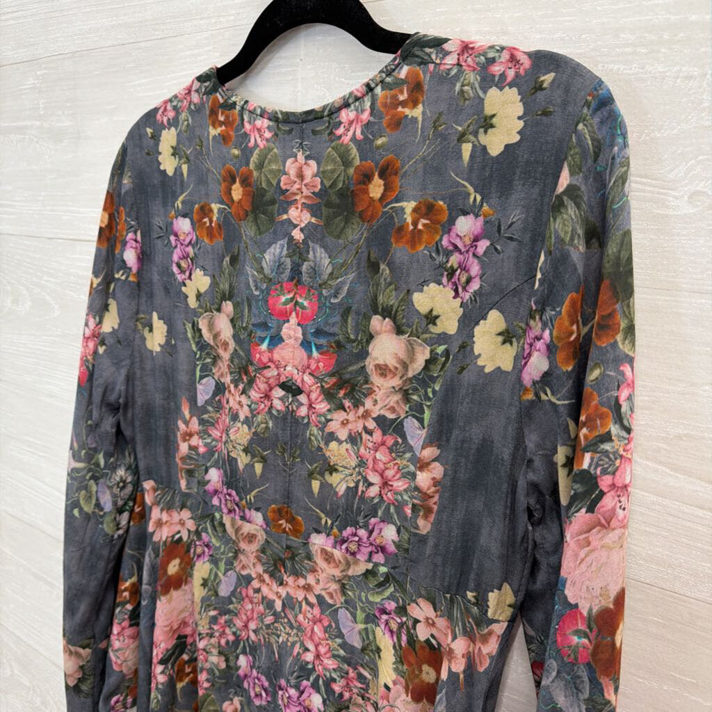 Feathers by Tolani Grey/ Multi Floral Print Long Sleeve Button Front Midi Dress Small