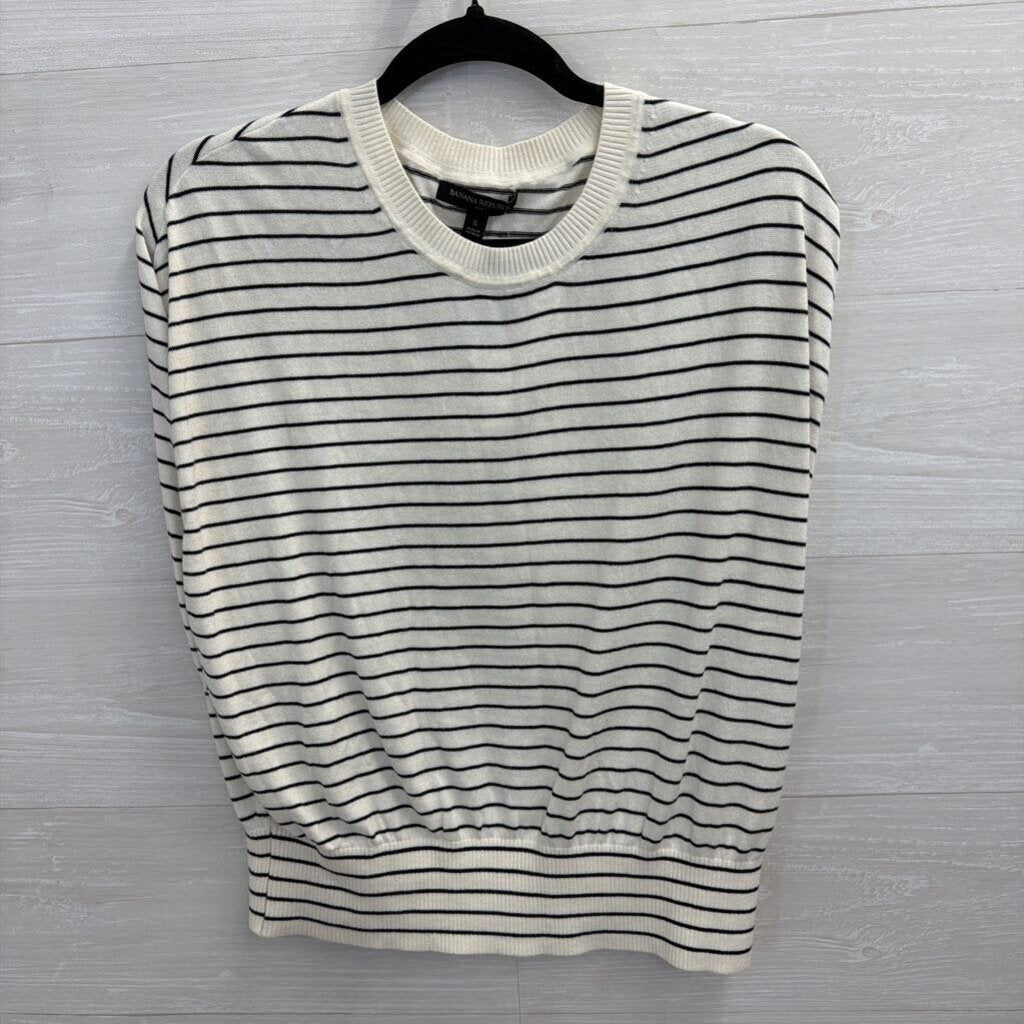 Banana Republic White/ Black Striped Knit Short Sleeve Top Small