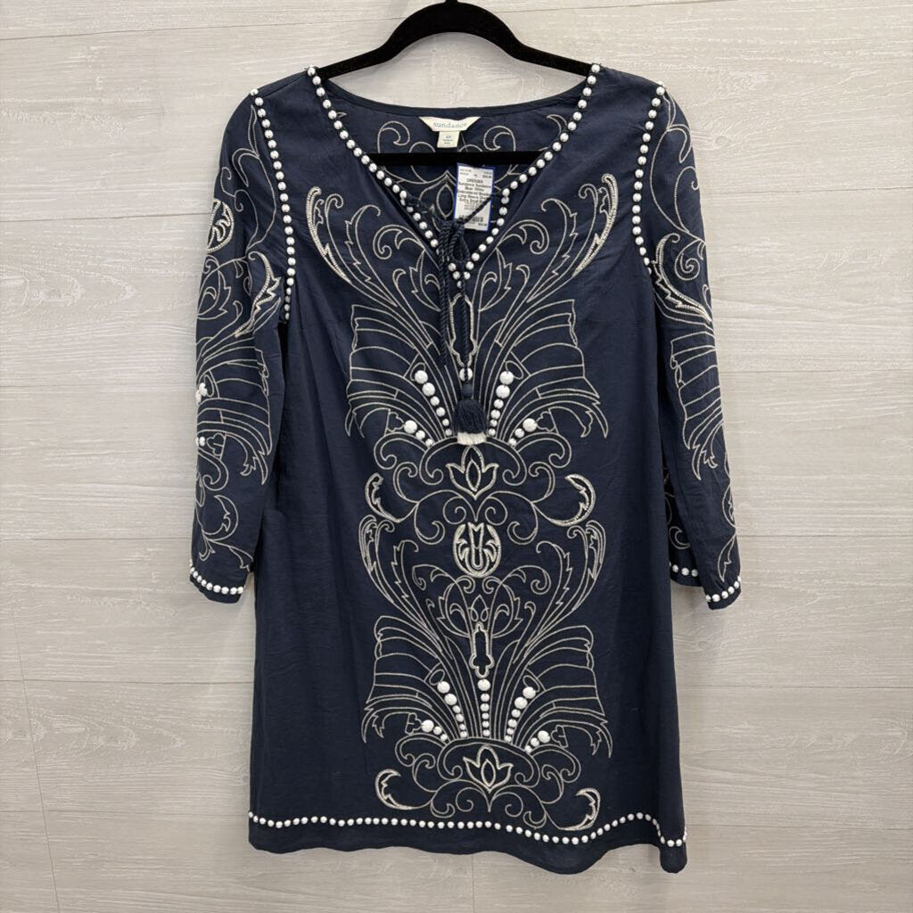 Sundance Blue/ White Embroidered Beaded Long Sleeve Dress Extra Small