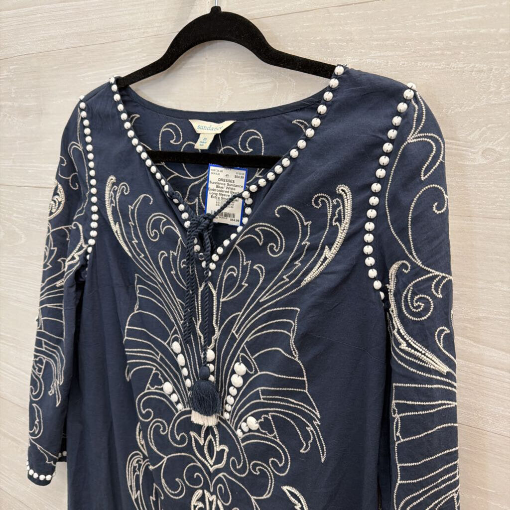 Sundance Blue/ White Embroidered Beaded Long Sleeve Dress Extra Small