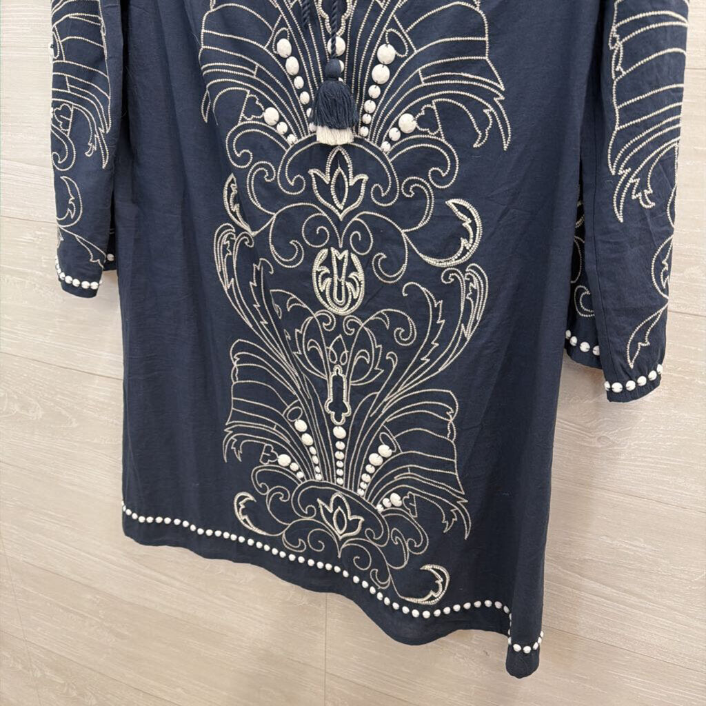 Sundance Blue/ White Embroidered Beaded Long Sleeve Dress Extra Small
