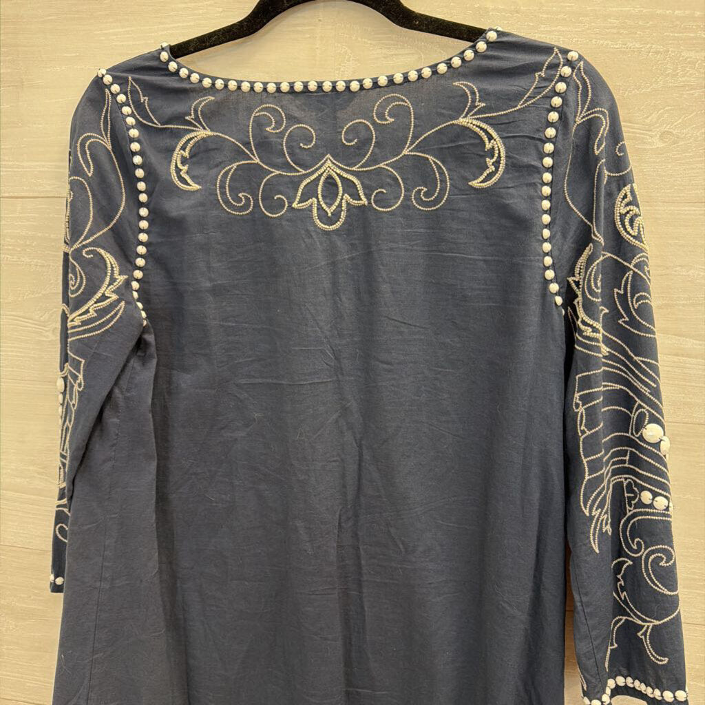 Sundance Blue/ White Embroidered Beaded Long Sleeve Dress Extra Small