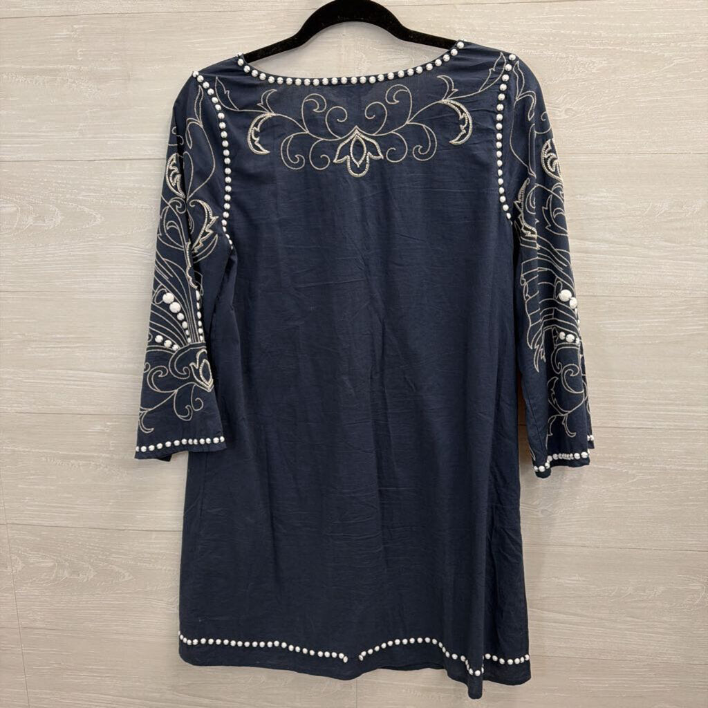Sundance Blue/ White Embroidered Beaded Long Sleeve Dress Extra Small