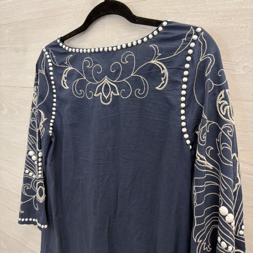 Sundance Blue/ White Embroidered Beaded Long Sleeve Dress Extra Small