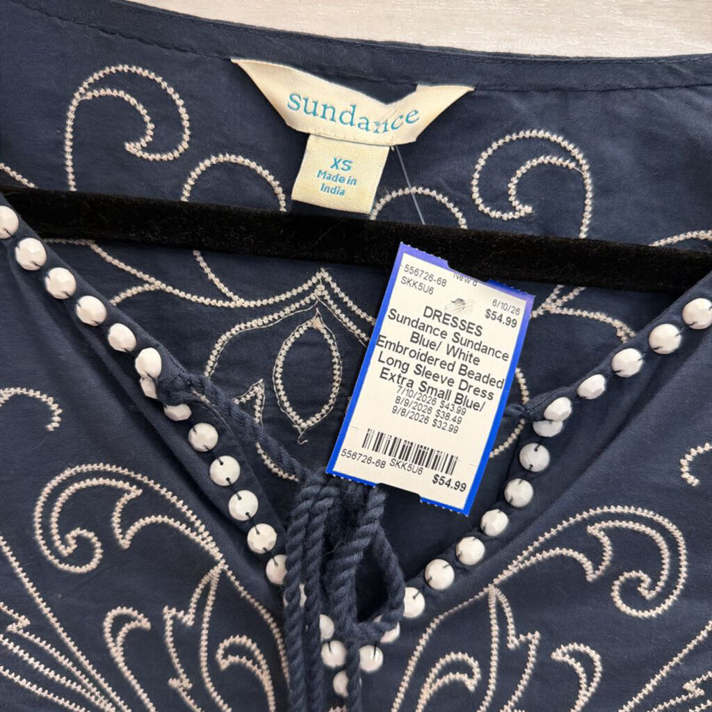 Sundance Blue/ White Embroidered Beaded Long Sleeve Dress Extra Small